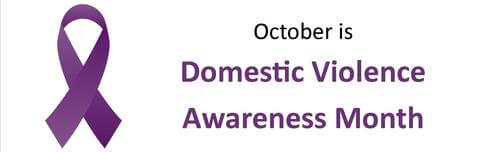 Purple Ribbon next to the words, "October is Domestic Violence Awareness Month," over a white background.